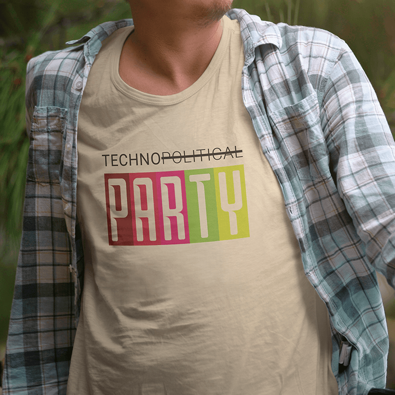 A beige t-shirt with designed text saying 'Technipolitical Party' with 'Political striked out, and Party in technicolor as negative space.